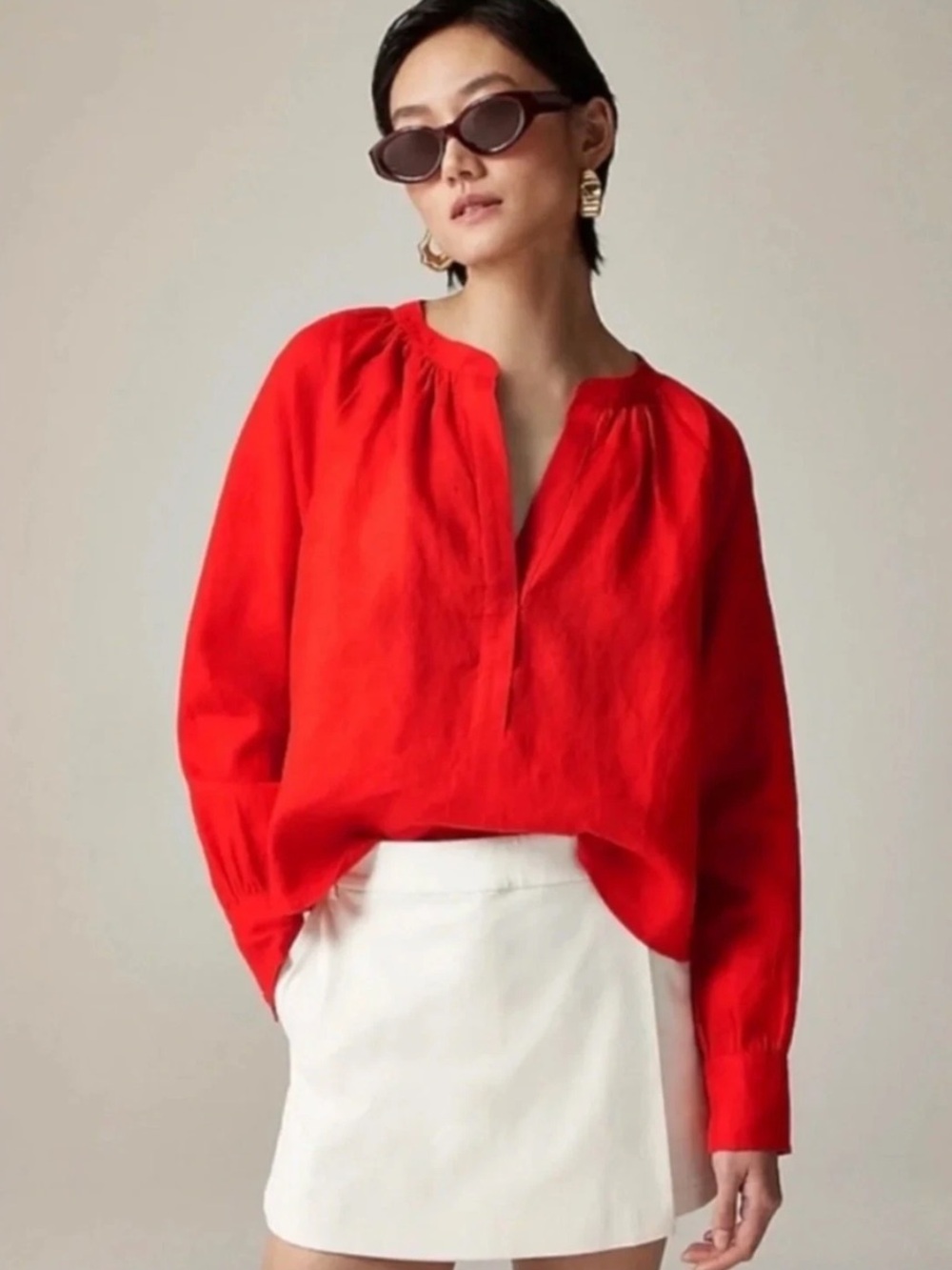 J.Crew cabana top pure linen red blouse long sleeve office work size small - Picture 2 of 7